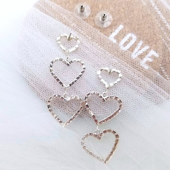 White Crystal Heart Triple Drop Earrings - Picture 6 of 6